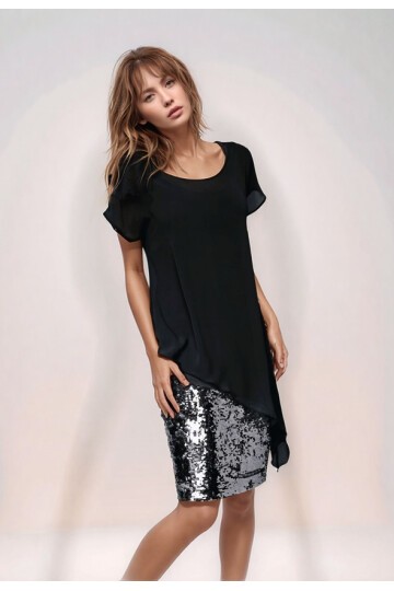 Kadın Eteği Pullu Üstü Şal Şifon Yakalı Şık Büyük Beden Yarım Kol Gece Abiye Elbise