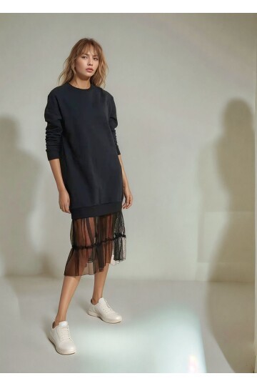 Kadın Eteği Tül Uzun Kol Pamuklu Spor Şık Sweat Curve Uzun Kol Büyük Beden Elbise