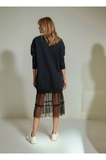 Kadın Eteği Tül Uzun Kol Pamuklu Spor Şık Sweat Curve Uzun Kol Büyük Beden Elbise