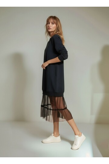 Kadın Eteği Tül Uzun Kol Pamuklu Spor Şık Sweat Curve Uzun Kol Büyük Beden Elbise