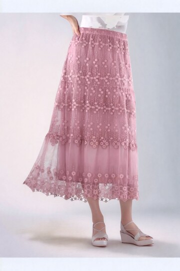 Kadın Etnik Dantel Ve Güpür Detaylı Astarlı Büyük Beden Curve Midi Boy Beli Lastikli Spor Şık Etek