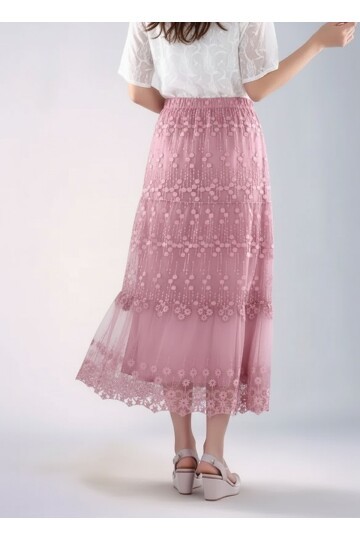Kadın Etnik Dantel Ve Güpür Detaylı Astarlı Büyük Beden Curve Midi Boy Beli Lastikli Spor Şık Etek
