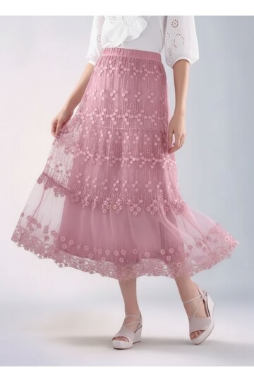 Kadın Etnik Dantel Ve Güpür Detaylı Astarlı Büyük Beden Curve Midi Boy Beli Lastikli Spor Şık Etek