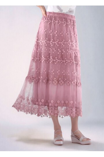Kadın Etnik Dantel Ve Güpür Detaylı Astarlı Büyük Beden Curve Midi Boy Beli Lastikli Spor Şık Etek
