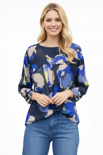 Kadın  Göğüsten Pileli Biiklet Yaka Şifon Curve Büyük Beden Spor Şık Desenli Bluz