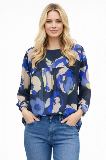 Kadın  Göğüsten Pileli Biiklet Yaka Şifon Curve Büyük Beden Spor Şık Desenli Bluz