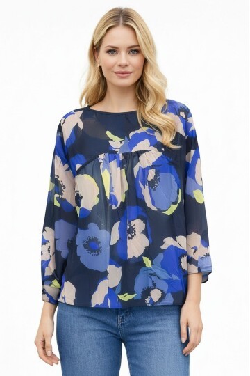 Kadın  Göğüsten Pileli Biiklet Yaka Şifon Curve Büyük Beden Spor Şık Desenli Bluz