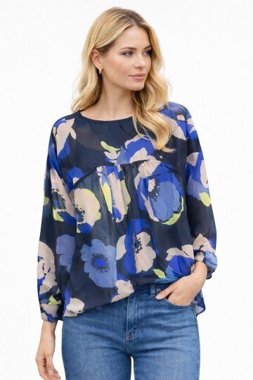 Kadın  Göğüsten Pileli Biiklet Yaka Şifon Curve Büyük Beden Spor Şık Desenli Bluz