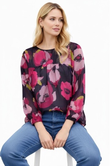 Kadın  Göğüsten Pileli Biiklet Yaka Şifon Curve Büyük Beden Spor Şık Desenli Bluz