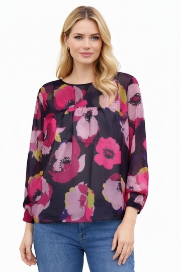 Kadın  Göğüsten Pileli Biiklet Yaka Şifon Curve Büyük Beden Spor Şık Desenli Bluz