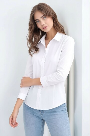 Kadın Gömlek Yaka Klasik Düz Düğmeli Tesettüre Uygun Uzun Kol Spor Şık İş Gömleği