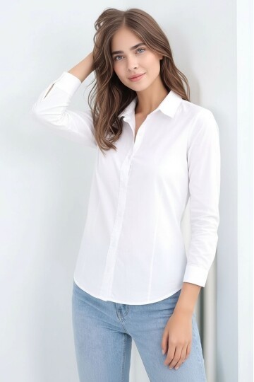 Kadın Gömlek Yaka Klasik Düz Düğmeli Tesettüre Uygun Uzun Kol Spor Şık İş Gömleği