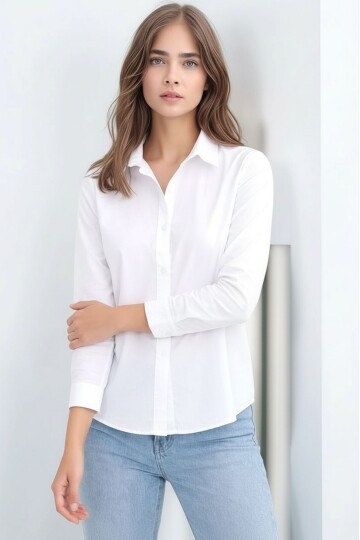 Kadın Gömlek Yaka Klasik Düz Düğmeli Tesettüre Uygun Uzun Kol Spor Şık İş Gömleği