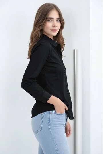 Kadın Gömlek Yaka Klasik Düz Düğmeli Tesettüre Uygun Uzun Kol Spor Şık İş Gömleği