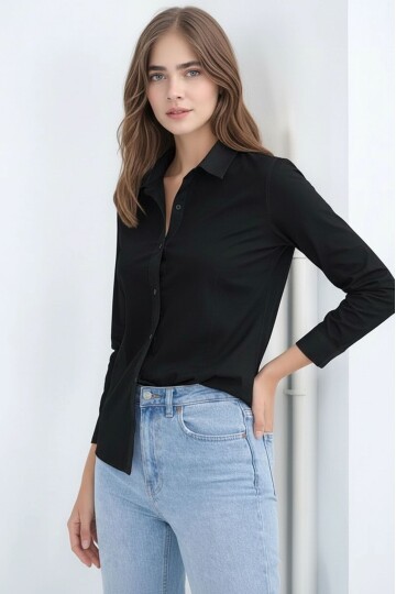 Kadın Gömlek Yaka Klasik Düz Düğmeli Tesettüre Uygun Uzun Kol Spor Şık İş Gömleği