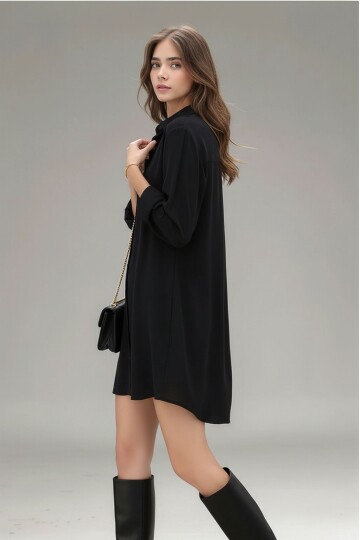 Kadın Gömlek Yaka Önden Düğmeli Uzun Kol Dar Kalıp Dokuma Saten Şık Elbise