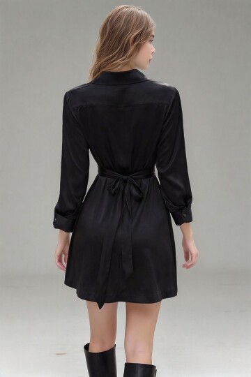 Kadın Gömlek Yaka Önden Düğmeli Uzun Kol Dar Kalıp Dokuma Saten Şık Elbise