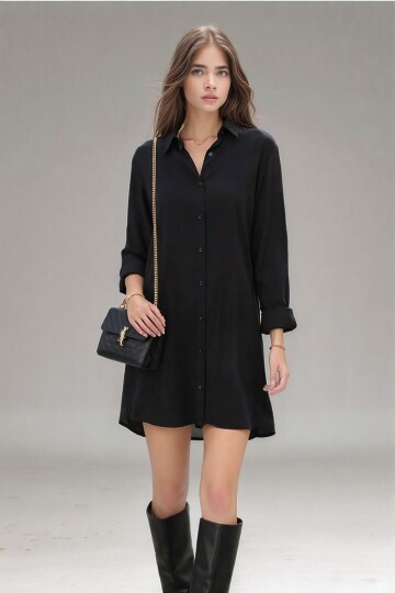 Kadın Gömlek Yaka Önden Düğmeli Uzun Kol Dar Kalıp Dokuma Saten Şık Elbise