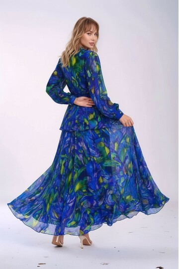 Kadın Gömlek Yaka Tül Şifon Beli Asimetrik Katlı Tesesttüre Uygun Maxi Boy Uzun Kol Abiye Elbise