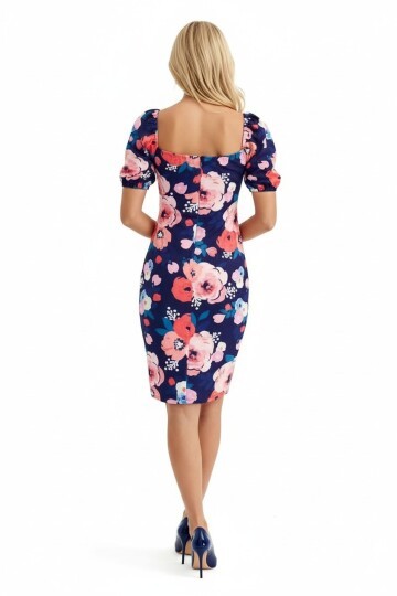 Kadın Kalp Yaka Balon Kol Önden Büzgü Çiçek Desen Asimetrik Etek Büyük Beden Curve Midi Boy Elbise