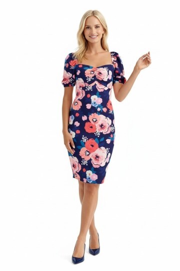 Kadın Kalp Yaka Balon Kol Önden Büzgü Çiçek Desen Asimetrik Etek Büyük Beden Curve Midi Boy Elbise