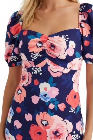 Kadın Kalp Yaka Balon Kol Önden Büzgü Çiçek Desen Asimetrik Etek Büyük Beden Curve Midi Boy Elbise