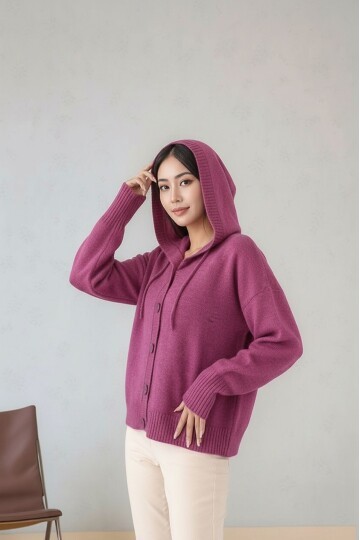 Kadın Kapüşonlu Önden Düğmeli Yumoş Triko Spor Şık Tesettüre Uygun Kışlık Ceket