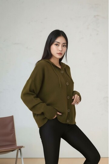 Kadın Kapüşonlu Önden Düğmeli Yumoş Triko Spor Şık Tesettüre Uygun Kışlık Ceket