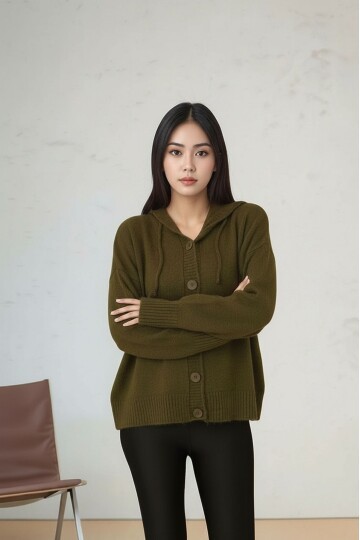 Kadın Kapüşonlu Önden Düğmeli Yumoş Triko Spor Şık Tesettüre Uygun Kışlık Ceket