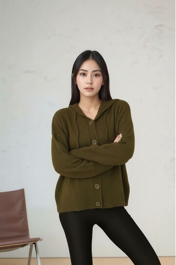 Kadın Kapüşonlu Önden Düğmeli Yumoş Triko Spor Şık Tesettüre Uygun Kışlık Ceket