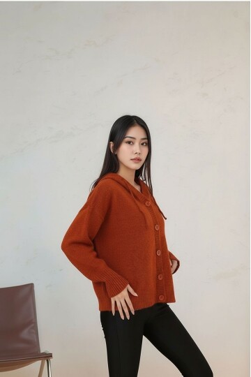 Kadın Kapüşonlu Önden Düğmeli Yumoş Triko Spor Şık Tesettüre Uygun Kışlık Ceket