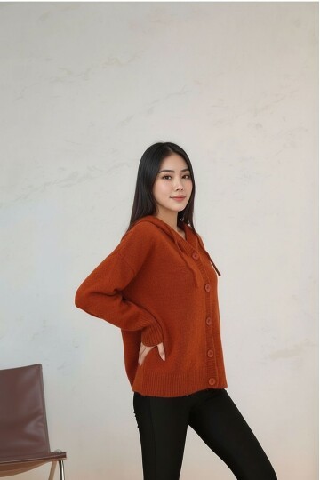 Kadın Kapüşonlu Önden Düğmeli Yumoş Triko Spor Şık Tesettüre Uygun Kışlık Ceket