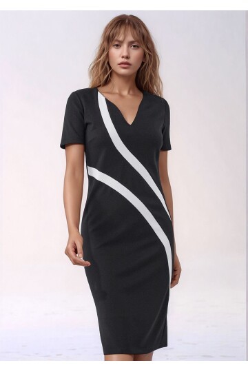 Kadın  V Yaka Kısa Kol Asimetrik Desen Şık Toparlayıcı Gece Gündüz Tasarım Elbise