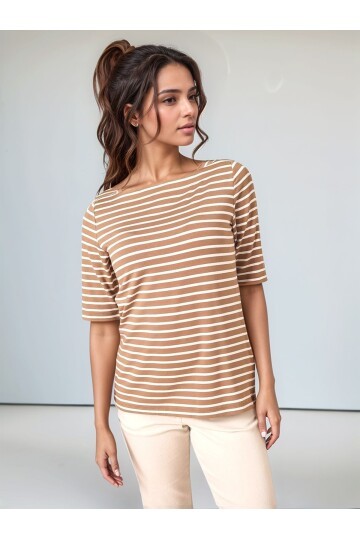 Kadın Kare Yaka Yarım Kol Çizgili Viskon Spor Şık Günlük Büyük Beden Curve Bluz