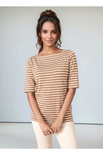 Kadın Kare Yaka Yarım Kol Çizgili Viskon Spor Şık Günlük Büyük Beden Curve Bluz