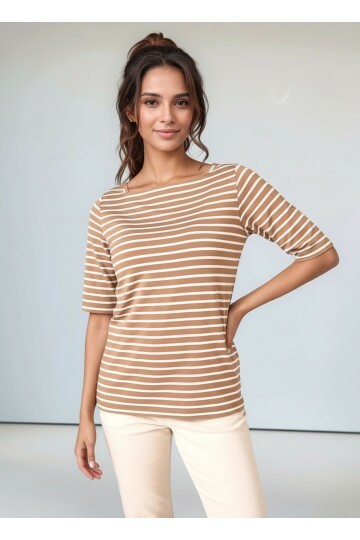 Kadın Kare Yaka Yarım Kol Çizgili Viskon Spor Şık Günlük Büyük Beden Curve Bluz
