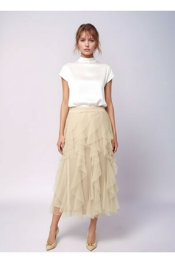 Kadın Katlı Tasarım Yüksek Bel Beli Lastikli Spor Şık Curve Büyük Beden Tül Etek