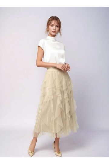 Kadın Katlı Tasarım Yüksek Bel Beli Lastikli Spor Şık Curve Büyük Beden Tül Etek