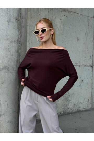 Kadın Kayık Yaka Full Esnek Asimetrik Kesim Comfort Spor Şık Tasarım Yumoş Bluz