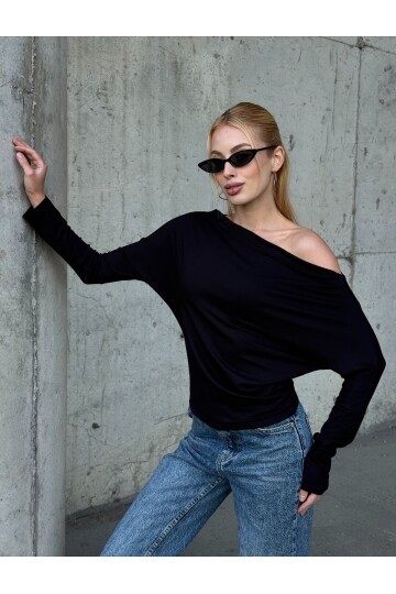 Kadın Kayık Yaka Full Esnek Asimetrik Kesim Comfort Spor Şık Tasarım Yumoş Bluz