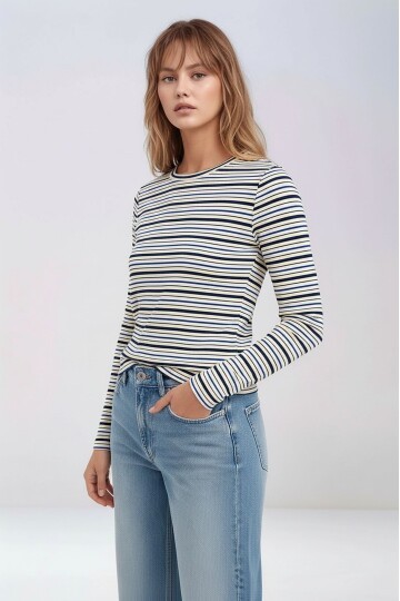 Kadın Bisiklet Yaka Full Esnek Çizgili Comfort Spor Şık Tasarım Yumoş Bluz