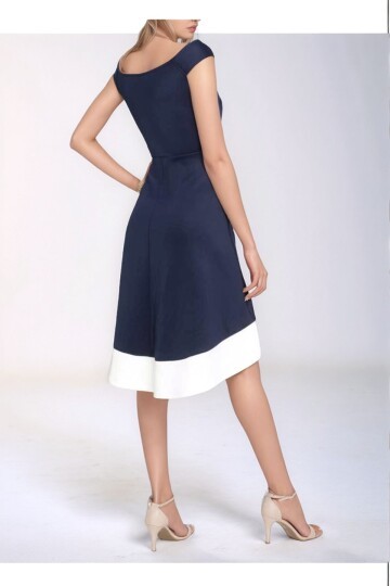 Kadın Kayık Yaka Lacivert Volanlı Çan Kesim Şık Curve Gece Abiye/Mezuniyet Elbisesi