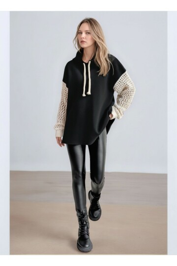 Kadın Kolları Örgü Triko Şık Tasarım Oversize Tunik Boy Zümrüt Yeşili Sweatshirt Kazak