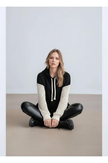 Kadın Kolları Örgü Triko Şık Tasarım Oversize Tunik Boy Zümrüt Yeşili Sweatshirt Kazak