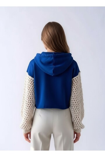 Kadın Kolları Örgü Triko Süper Şık Tasarım Oversize Crop Boy Saks Mavi Sweatshirt