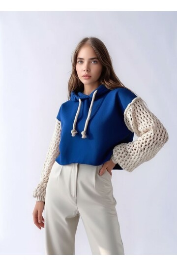 Kadın Kolları Örgü Triko Süper Şık Tasarım Oversize Crop Boy Saks Mavi Sweatshirt