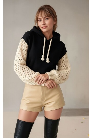 Kadın Kolları Triko 3iplik Şık Tasarım Geniş Kalıp Crop Boy Kapüşonlu Sweatshirt Kazak