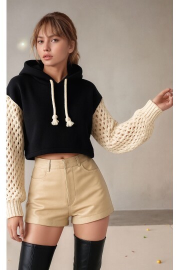 Kadın Kolları Triko 3iplik Şık Tasarım Geniş Kalıp Crop Boy Kapüşonlu Sweatshirt Kazak