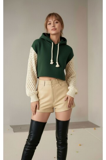 Kadın Kolları Triko 3iplik Şık Tasarım Geniş Kalıp Crop Boy Kapüşonlu Sweatshirt Kazak