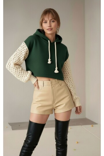 Kadın Kolları Triko 3iplik Şık Tasarım Geniş Kalıp Crop Boy Kapüşonlu Sweatshirt Kazak